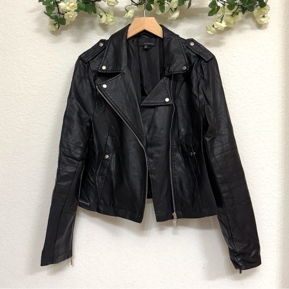 Harve Benard • Black Faux Leather Moto Biker Jacket Zip Detail
